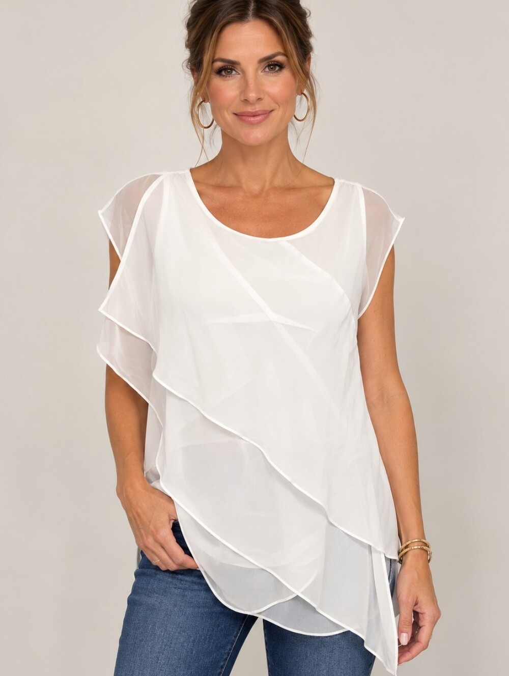 Chicos Black Label Antique White Pleated Front Sleeveless Blouse Ruffle Drape